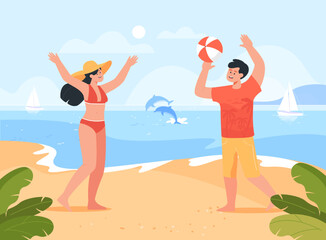 Wall Mural - Cartoon couple playing ball games on beach. Man and woman playing beach volleyball at summer resort flat vector illustration. Summer sports, vacation concept for banner, website design or landing page
