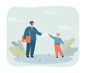Wall Mural - cartoon postman giving letter to little girl. man in uniform delivering envelope to child flat vecto