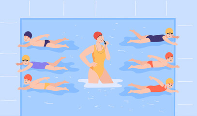 Sticker - Professional coach training kids in swimming pool. Children learning swimming during class, swimmers exercising flat vector illustration. Swimming, competition, childhood concept for banner