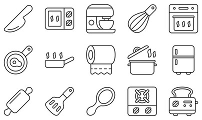 Canvas Print - Set of Vector Icons Related to Kitchen. Contains such Icons as Knife, Microwave, Mixer, Oven, Pan, Paper Towels and more.