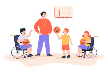 Wall Mural - kids with physical disability and teacher playing basketball. coach and children in wheelchairs at g