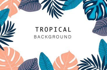 Wall Mural - Tropical leaves background vector. Summer Sale banner design with flower and leaf. Hand drawn colorful palm leaf, monstera leaves, floral line art design for wallpaper, cover, cards and packaging.