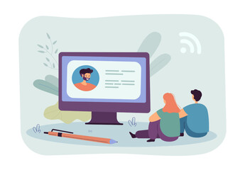 Sticker - Cartoon students watching lecture on huge computer screen. Teacher or tutor teaching children via Internet flat vector illustration. Online education, technology concept for banner or landing web page