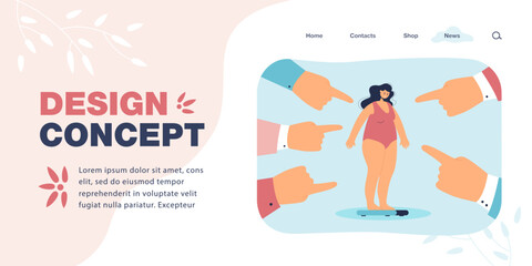 Poster - Huge fingers pointing at fat woman flat vector illustration. Society blaming and bullying depressed obese girl. Obesity, social pressure concept for banner, website design or landing web page