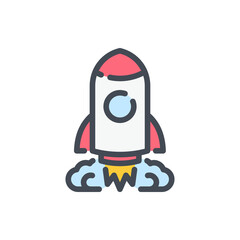 Sticker - Spaceship and Startup Launch color line icon. Rocket in space vector outline colorful sign.