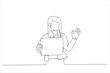 © rina - Illustration of beautiful woman holding blank empty banner doing ok sign with fingers. One line art style