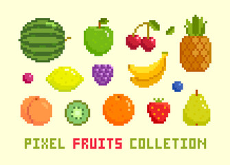 Pixel Art tropical Fruits vector set. Isolated pixel fruits in retro 8-bit video game style