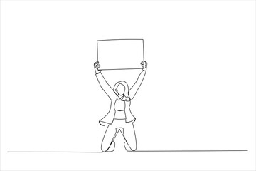 Cartoon of excited woman holding up white blank panel with space for text. Continuous line art