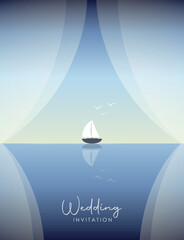 Wall Mural - wedding invitation seascape and sailboat at sunset