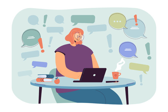Speech bubbles and busy manager working on laptop. Businesswoman replying to e-mails flat vector illustration. Communication, social media marketing concept for banner, website design or landing page