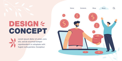 Happy tiny man getting cash prize or winning lottery. Male character giving stack of coins through laptop screen flat vector illustration. Success, investment concept for banner or landing web page