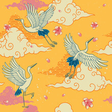 Seamless Japanese Pattern Heron Bird