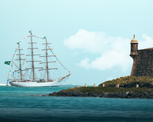 Regata 500 Years Cisne Branco Old Ship In Puerto Rico Sealing From San Juan With The Garita Fort	