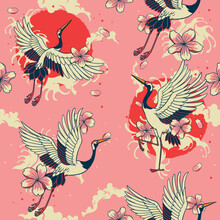 Vintage Pink Seamless Japanese Heron Pattern Art