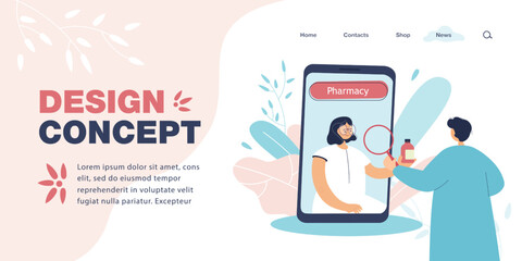 Wall Mural - pharmacist on huge phone screen holding pill bottle. patient buying medication online flat vector il
