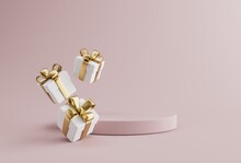 Christmas 3d Style Product Podium Scene With Flying Falling White Gift Box With Gold Bow.3d Illustration.