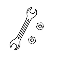 Wrench and nuts, doodle elements of construction tools, vector illustration.