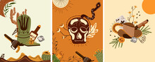 Set Wild West Poster With Cowboy Hat, Playing Cards, An Skull, A Mystical Snake, Dice, Gun And Other. Further Old West In Flat Style. Vector Illustration