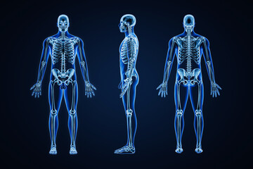 accurate xray image of human skeletal system with adult male skeleton and body contours on blue back