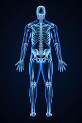 Accurate xray of posterior view of full human skeletal system with adult male body contours 3D rendering illustration. Medical, healthcare, anatomy, osteology, science concept.