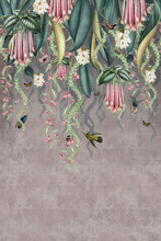 Wallpaper Pattern Tropical Plants And Flowers Hanging Climbing Birds Background Pink Vintage Painting.