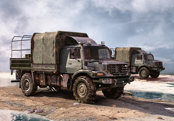 Wall Mural - Military forces vehicles, equipment for the war. Army logistics lorry truck 3D illustration. Military exercise armored vehicles, troop transport, war heavy trucks, special transport for conflict area
