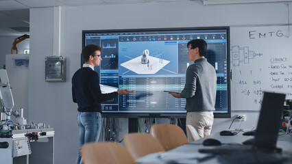 Diverse Team of Two Students Standing Near Big Screen with Tablet and Laptop While Discussing Programming and Technologies. Education and Studying in Modern University of Technology Concept.