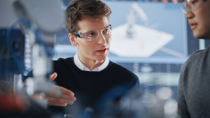 Asian Development Engineer Student Brainstorming with his Caucasian Classmate in a High Tech Research Laboratory with Modern Equipment. Education and Innovative Technologies Concept