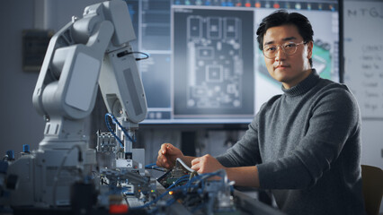 Asian Male Engineer Sitting at Table And Looking at Camera While Woking on New Engineering Project. Robot is Moving Under his Control. Education and Robotics In Modern University Concept.