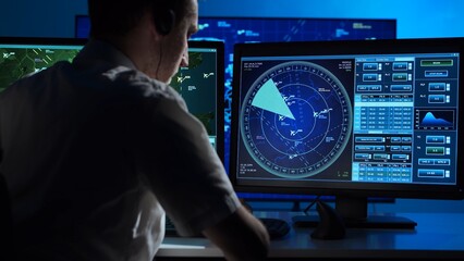 Wall Mural - Workplace of the professional air traffic controller in the control tower. Caucasian aircraft control officer works using radar, computer navigation and digital maps. Aviation concept.