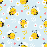 Fototapeta Pokój dzieciecy - Bee seamless pattern. Bees flying, daisy meadow and insect pretty fabric prints. Cute cartoon summer spring babies background, nowaday nature vector template
