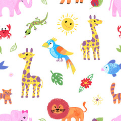 Wall Mural - Drawing animal pattern. Children hand drawn crayons animals, color pencil paint giraffe, elephant, cat and lion. Safari exotic neoteric vector seamless pattern