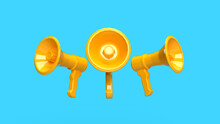 3d Render Three Megaphones In A Yellow Circle On A Blue Background Action Attention News Alarm Siren Ukraine Russian