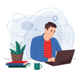 Fototapeta Pokój dzieciecy - Online remote work concept,  illustration. Man sitting at a computer, laptop. Online training, conference, webinar, courses, lessons, master classes, training video, work, online sales
