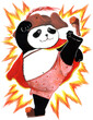 A funny pirate panda in pink panties is kung fu kicking off his slipper, isolated on a white background. Gouache artwork.