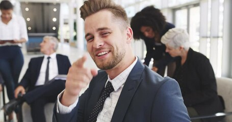 Canvas Print - Business man congratulating, clapping hands for success and laughing at funny joke at convention center. Portrait of happy, smiling and cheerful professional pointing a finger and expressing support