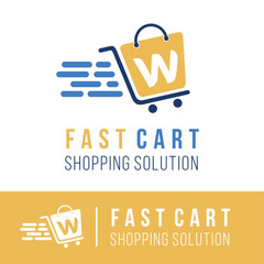 Wall Mural - Initial w letter in trolley cart shopping logo with speed symbol for fast online shopping delivery logo concept	