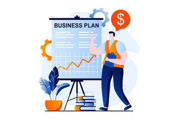 Aufkleber - Business making concept with people scene in flat cartoon design. Businessman develops business plan for new project, invests money and develops startup. Illustration visual story for web