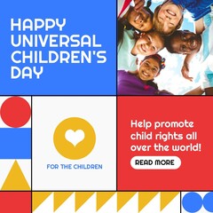 Canvas Print - Square image of children's day text on blue and portrait of diverse smiling children