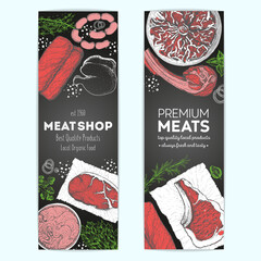 Wall Mural - Meat banner set. Colorful meat flyer collection. Linear graphic. Vintage vector illustration.