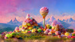 Cute colorful fantasy candy landscape with many sweets