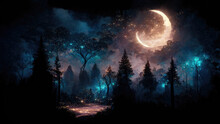 Bright Moon Over Magical Dark Fairy Tale Forest