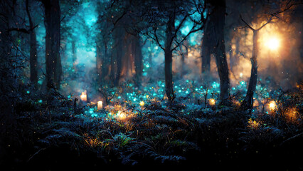 magical fairy tale forest landscape background with glowing lights