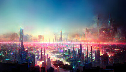 Cyberspace metaverse city background with glowing lights