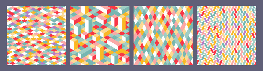 Poster - Modern Flat Isometric Backgrounds Set. Colorful Vector Texture with Boxes and Diamonds