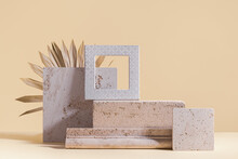 Abstract Modern Still Life. Natural Materials. Composition Of Palm Leaves, Travertine And Concrete Blocks.