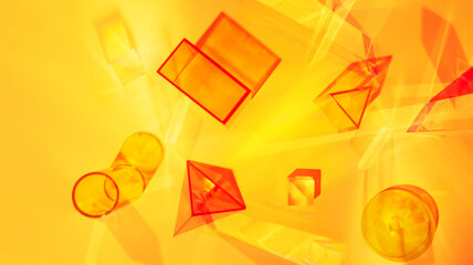 Wall Mural - Abstract scene with geometric shapes and light rays on an orange-yellow background. Set of colored transparent geometric forms.