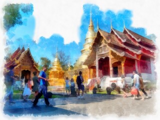 Wall Mural - Ancient architecture of northern thailand watercolor style illustration impressionist painting.