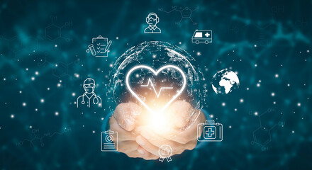 Businessman holding heart with Medical icon and connection, give love sincerely, dating application to find love online,Healthcare And Medicine concept, medicine and people, medical business