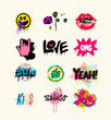Collection of street graffiti lettering elements with grunge fonts. Vector urban savage spray paint art. Cool colorful teenage graffiti cartoon design. Creative colored writing with drips and blobs.